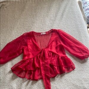 Red Swiss Dot Tie-Front Peplum Blouse